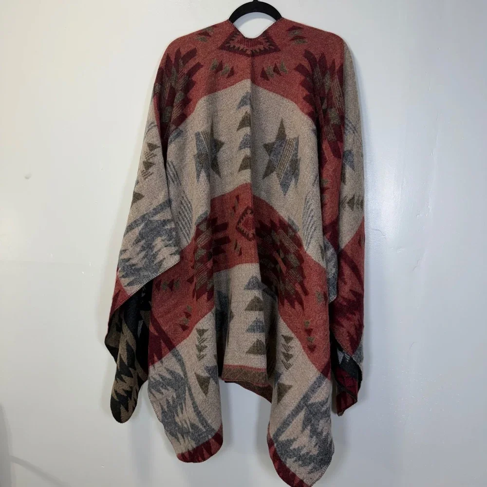 Womens Southwest Reversible Poncho Wrap Aztec Tribal Pattern Multicolor One Size